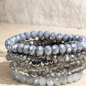 Gray Silver Mix 9PC NEW Glass Faceted Beaded Stretch Boho Bracelet SET